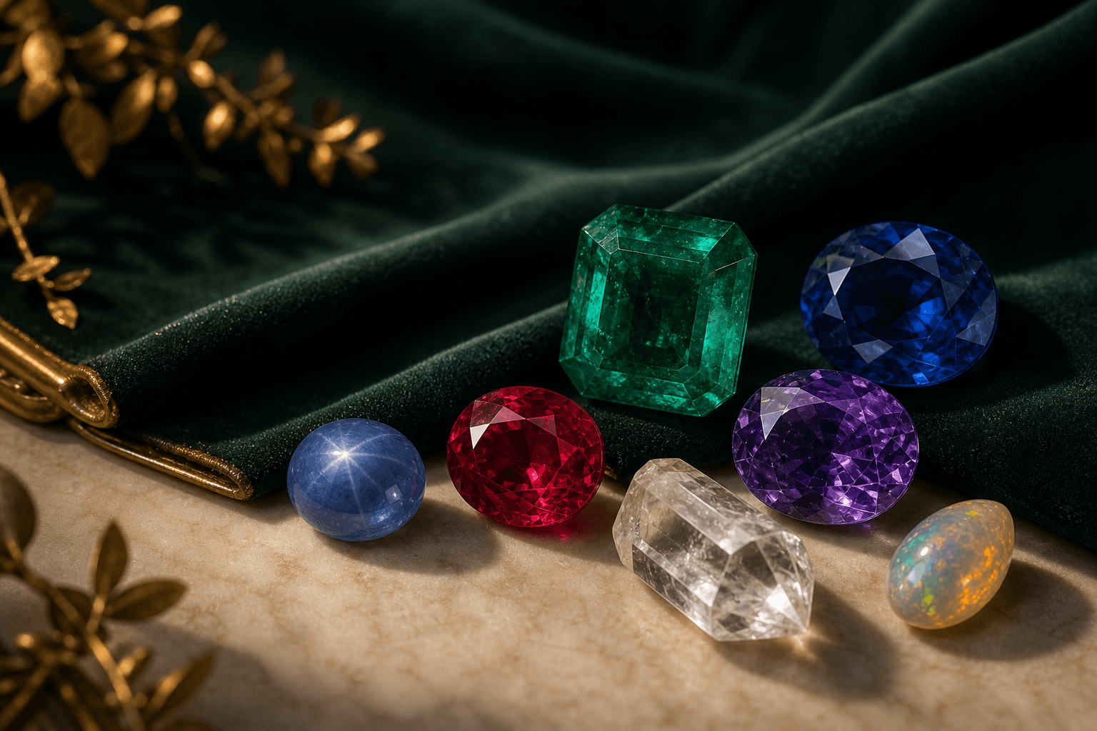 A luxury collection of emerald, sapphire, ruby, amethyst, and quartz gemstones